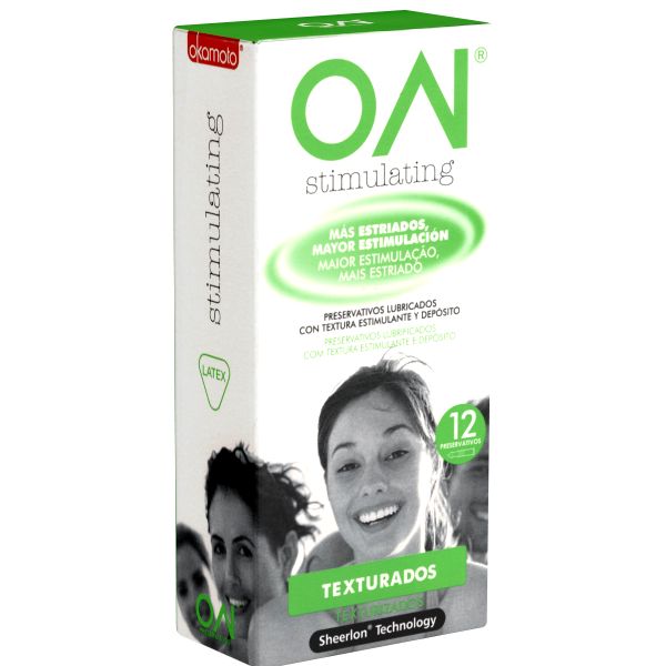Verpackung mit Kondomen. Aufschrift: ON stimulating, Texturados, Sheerlon Technology. 12 Stück.