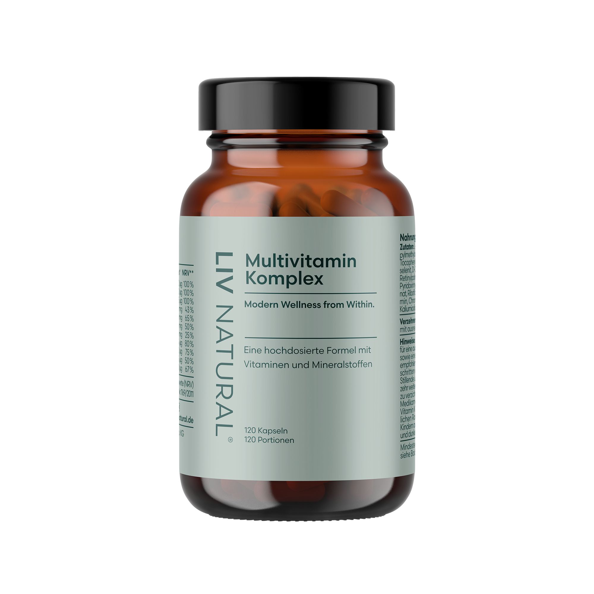 Braune Flasche mit Kapseln. Text: Multivitamin Komplex, 120 Kapseln, 120 Portionen. Eine hochdosierte Formel mit Vitaminen und Mineralstoffen.