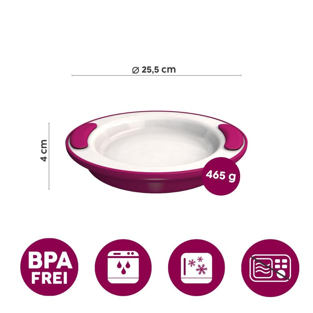 Runder Teller, pinkfarben, mit zwei Griffen. Durchmesser 25,5 cm, Höhe 4 cm, Gewicht 465 g. BPA-frei.
