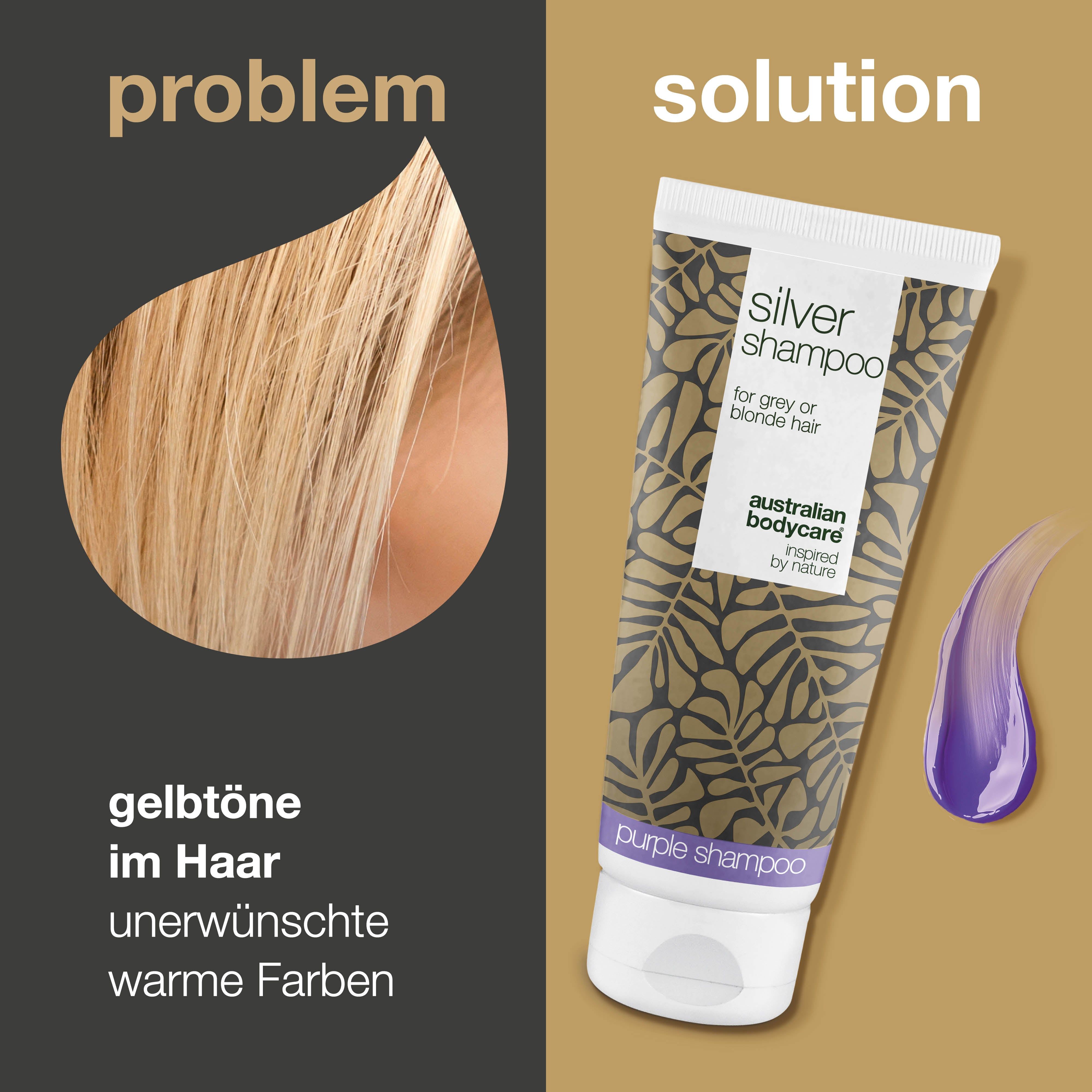 Vergleich: Gelbtöne im Haar vs. Silver Shampoo. Tube mit Shampoo, lila Farbklecks. Text: Australian Bodycare.