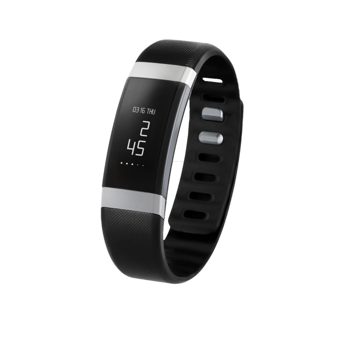 Schwarzer Fitnesstracker mit Display und silbernen Akzenten. Zeigt Uhrzeit und Datum. Armband mit strukturiertem Muster.