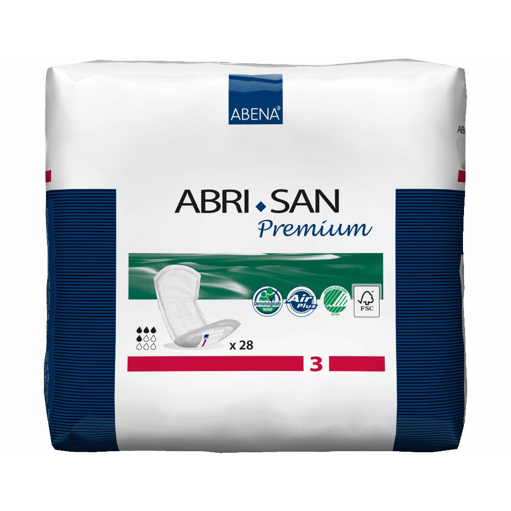 Verpackung Abri-San Premium Nr. 3. Blaue und weiße Verpackung mit Produktbezeichnung, x28 Stück, FSC-Siegel.
