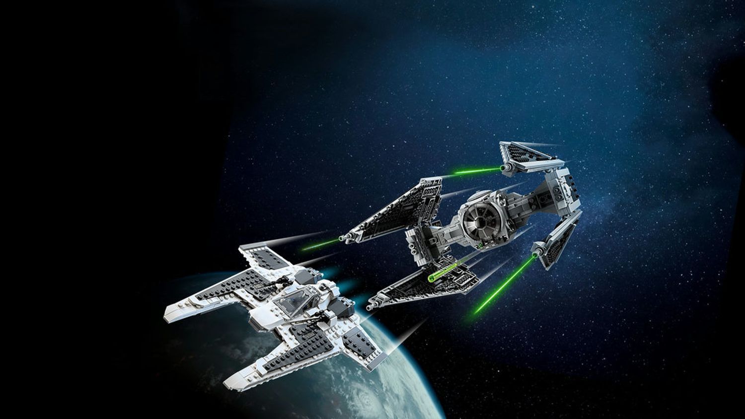 LEGO Star Wars Fang Fighter und TIE Interceptor im Weltraum. Modelle in Bewegung, Laserstrahlen. Hintergrund: Weltraum.