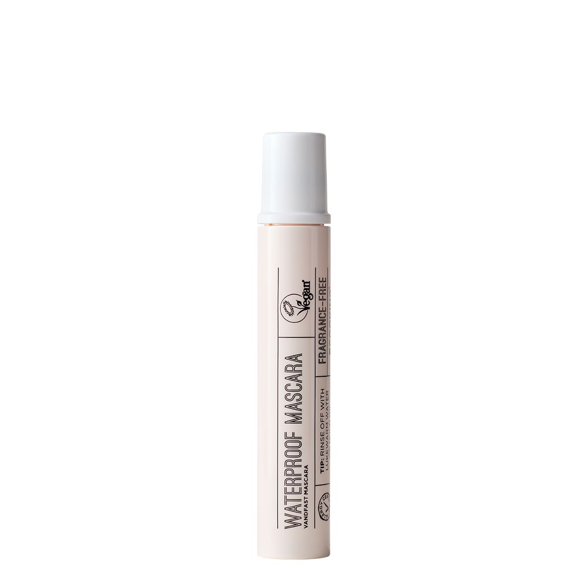Wasserfeste Mascara in einer beigen Tube mit weißem Deckel. Vegan-Logo und Text: „WATERPROOF MASCARA“ und „FRAGRANCE-FREE“.