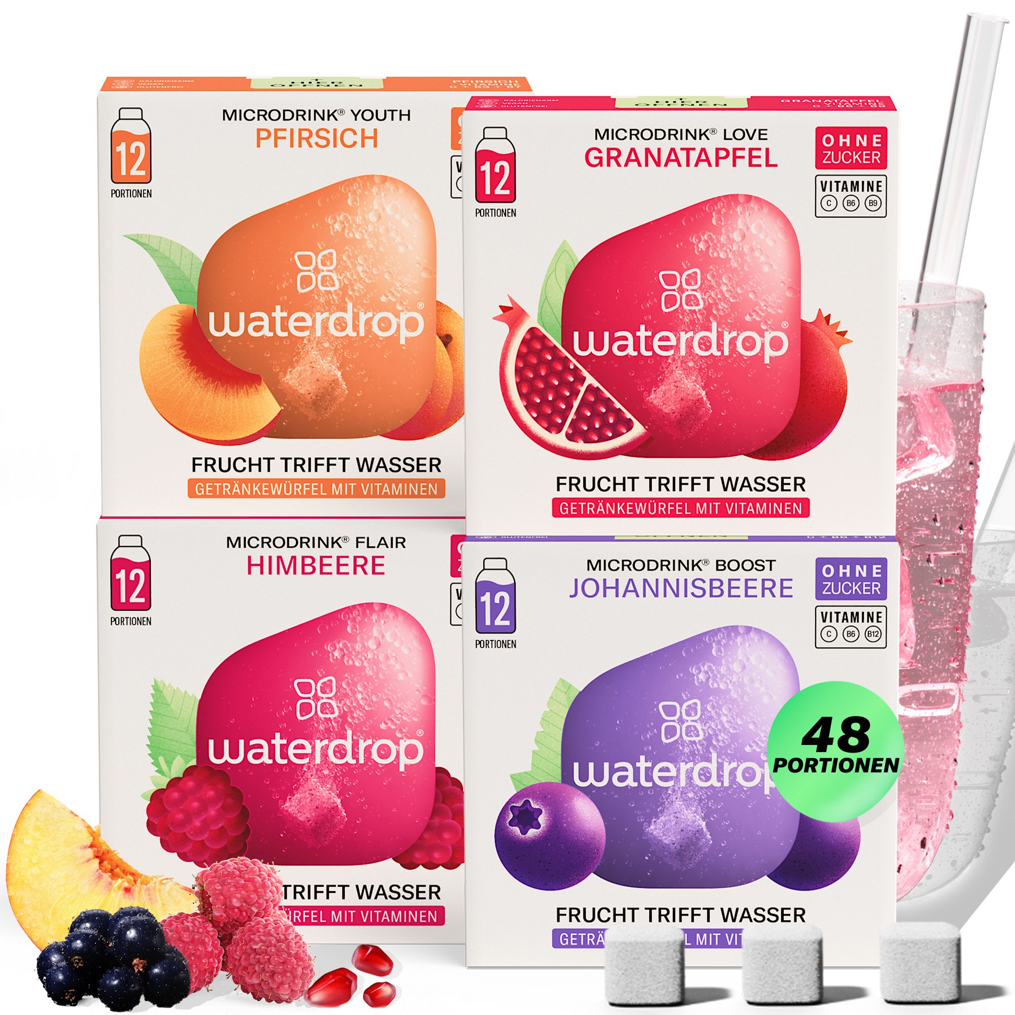 Vier Schachteln waterdrop® mit verschiedenen Geschmacksrichtungen. 48 Portionen. Aufdrucke: Ohne Zucker, Vitamine.