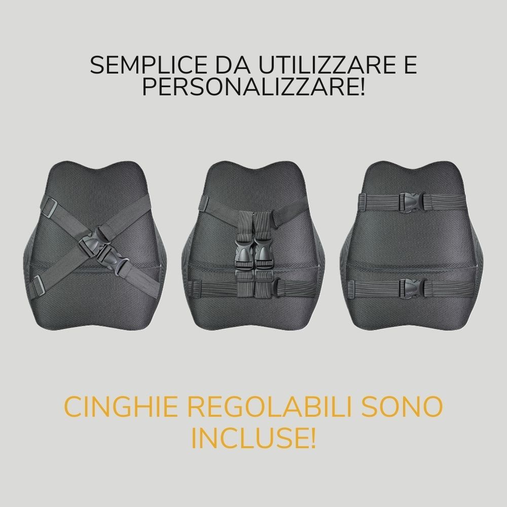 Retro del cuscino lombare. Cinghie e fibbie regolabili. Tre viste.