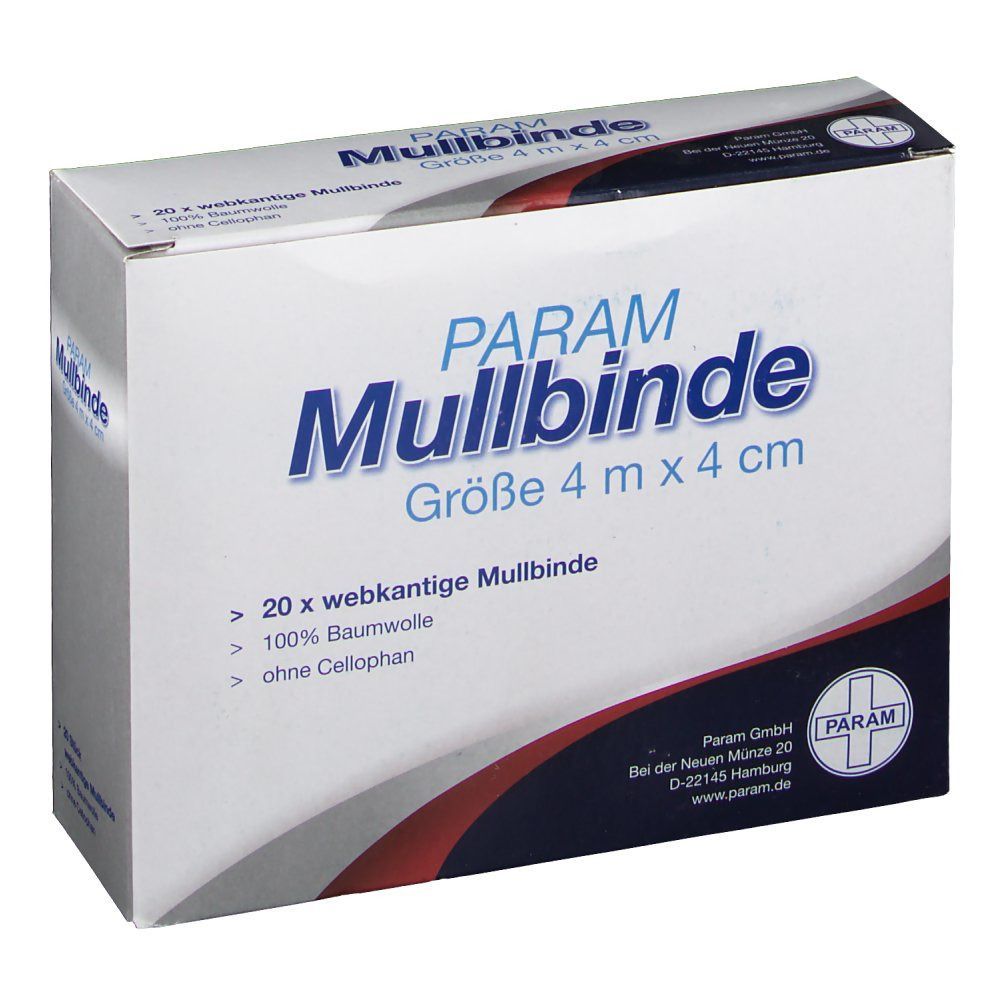 Verpackung PARAM Mullbinde. Größe 4 m x 4 cm. Enthält 20 Mullbinden aus 100% Baumwolle, ohne Cellophan. Weißer Karton mit blauer Schrift.