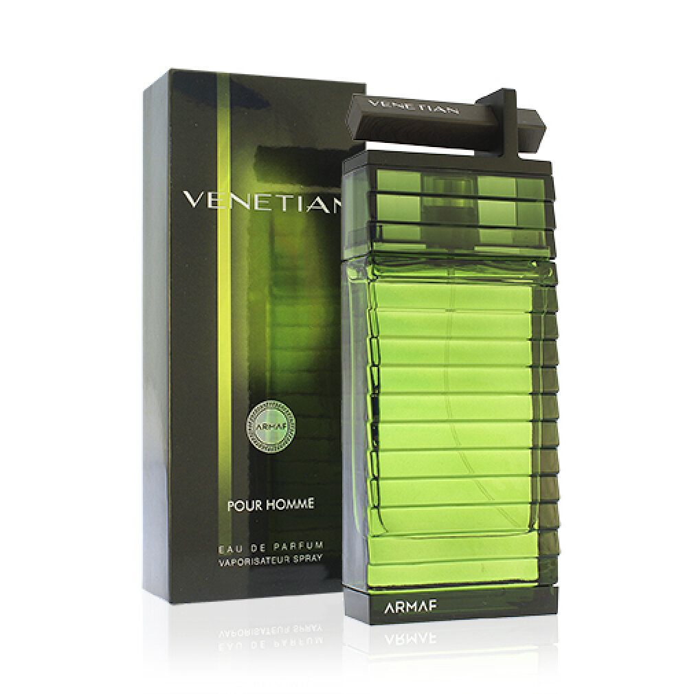 Grüne Glasflasche und schwarze Verpackung. Aufschrift "Venetian" und "Armaf". Flasche mit schwarzem Verschluss. "Pour Homme" und "Eau de Parfum".