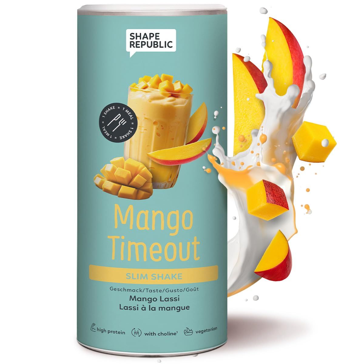 Zylinderdose mit Produktabbildung und Mango-Shake-Illustration. Text: Mango Timeout Slim Shake, Mango Lassi à la mangue.
