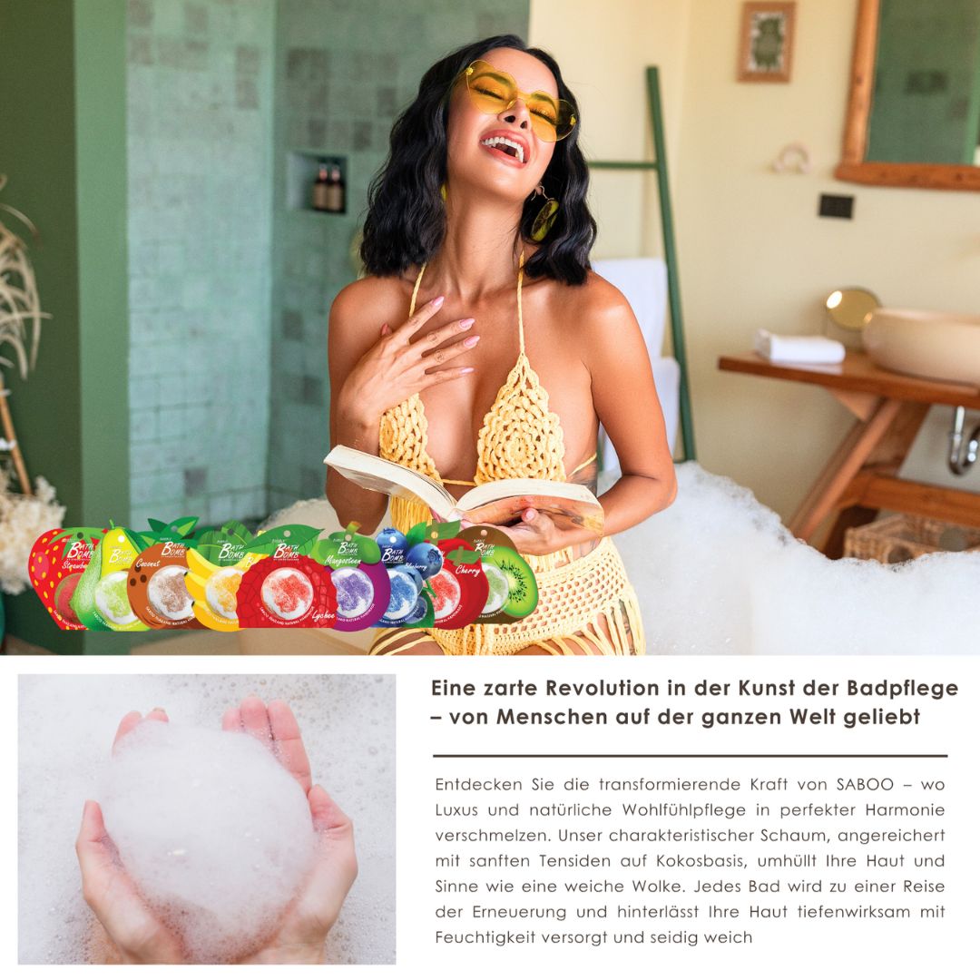 Frau in Badewanne mit Schaum. Mehrere Badebomben-Verpackungen. Text: Eine sanfte Revolution in der Kunst der Badpflege.