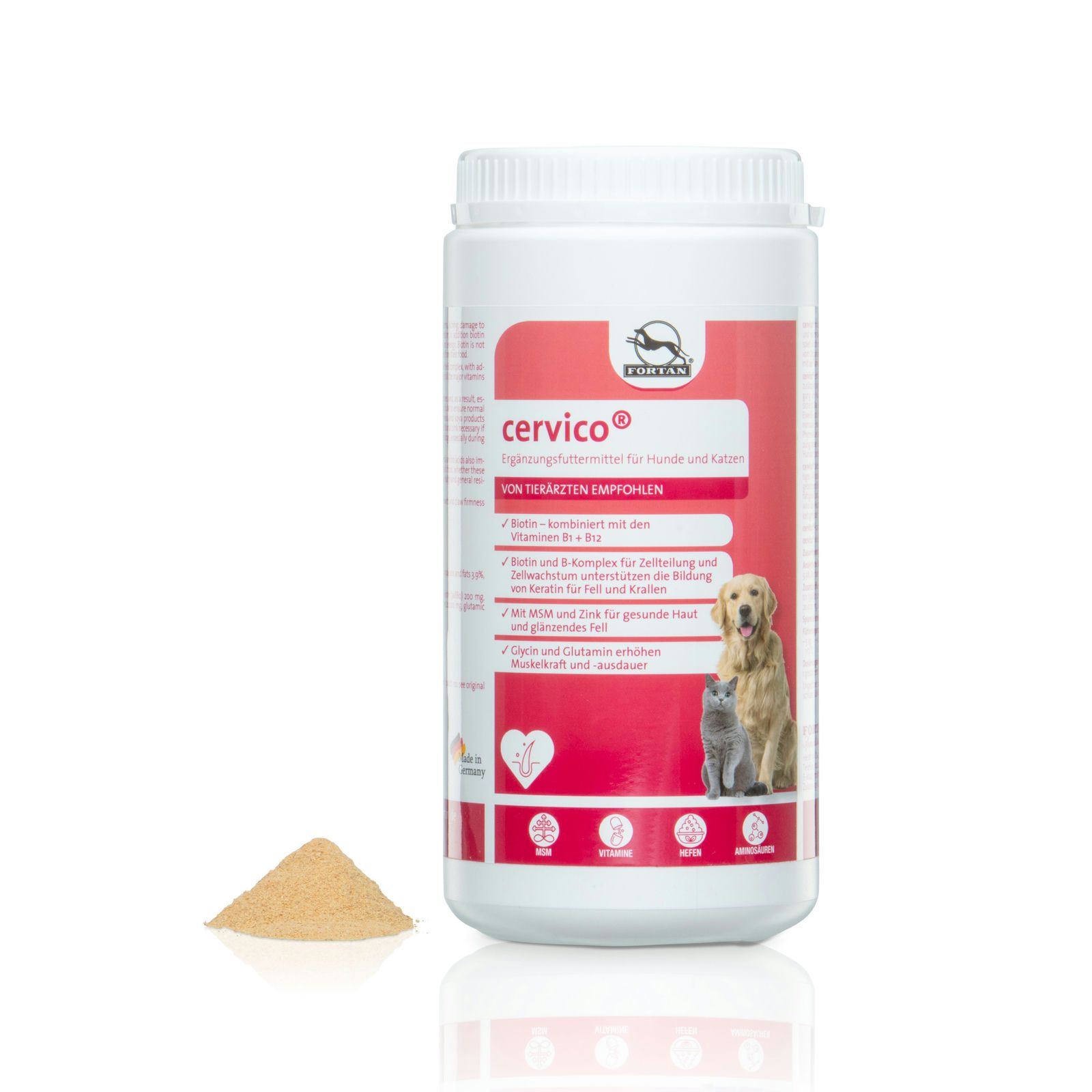 Weißes Ergänzungsfuttermittel-Behälter mit roter Beschriftung und Pulverhaufen. Text: Cervico, Logo, Hunde- und Katzenabbildung.