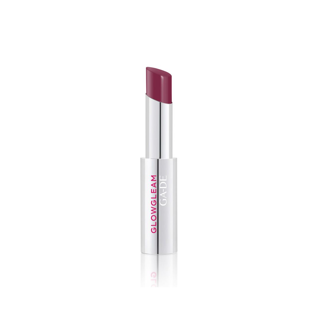 Geöffneter Lippenstift mit silberfarbener Hülse. Auf dem Stift steht "GLOWGLEAM GA-DE". Der Lippenstift zeigt eine pinke Farbe.