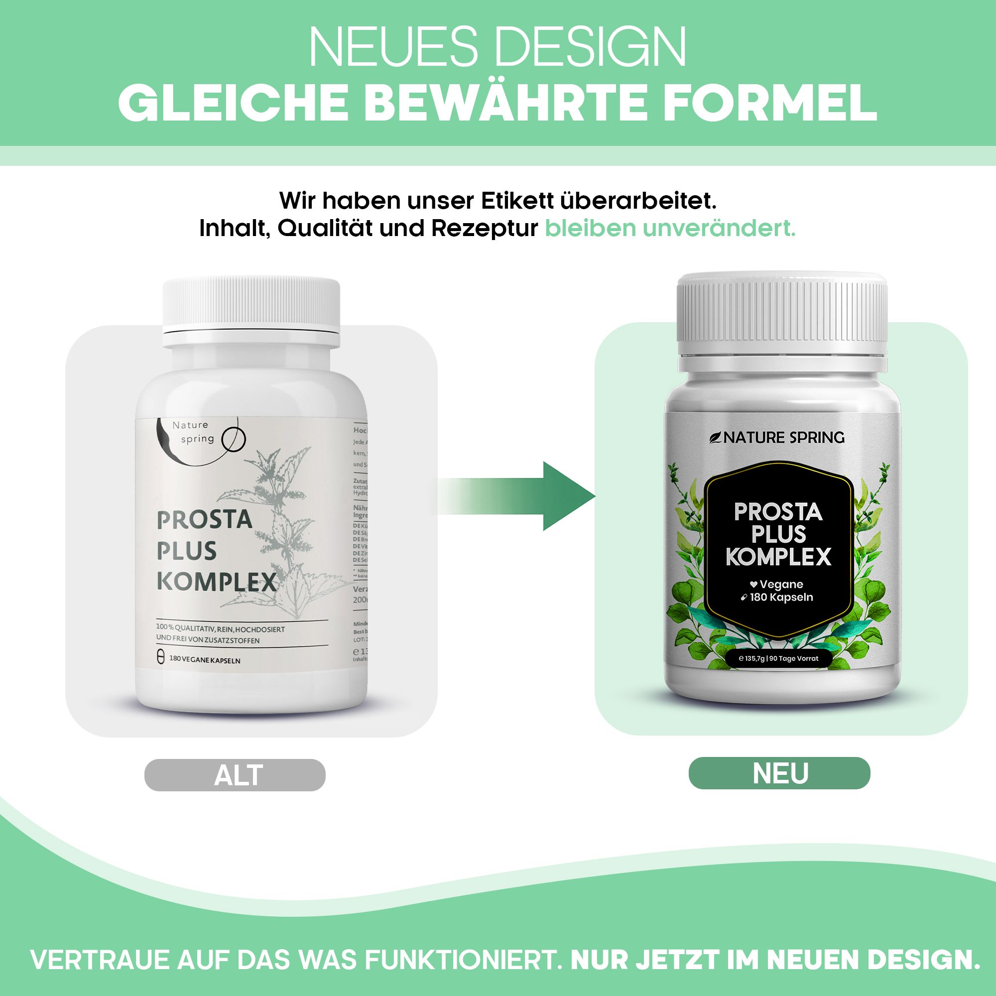 Vergleich von altem und neuem Etikett für Nature Spring Prosta Plus Komplex Kapseln.