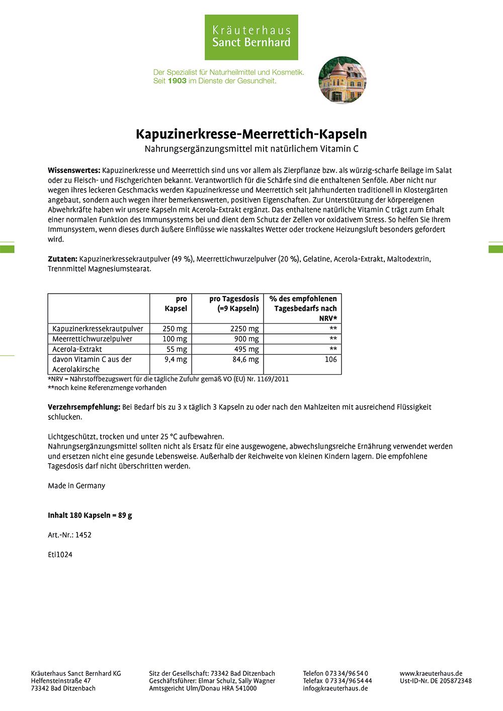 Textseite mit Produktinformationen, Tabellen und Inhaltsstoffen. Logo oben links.
