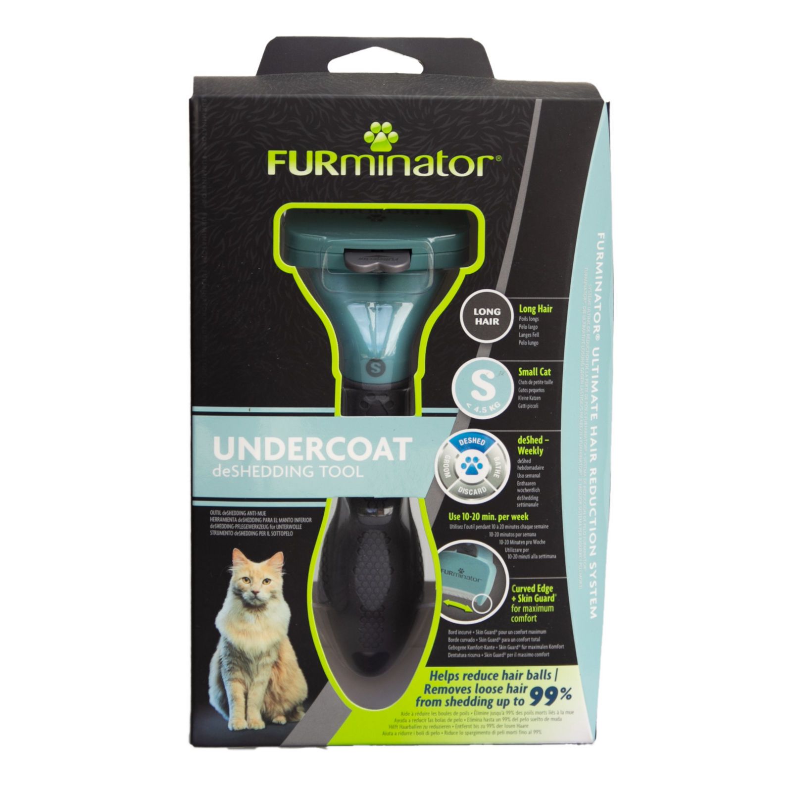 Verpackung mit FURminator-Pflegewerkzeug für kleine Katzen. Produktname, Produktmerkmale und eine Katze sind abgebildet.