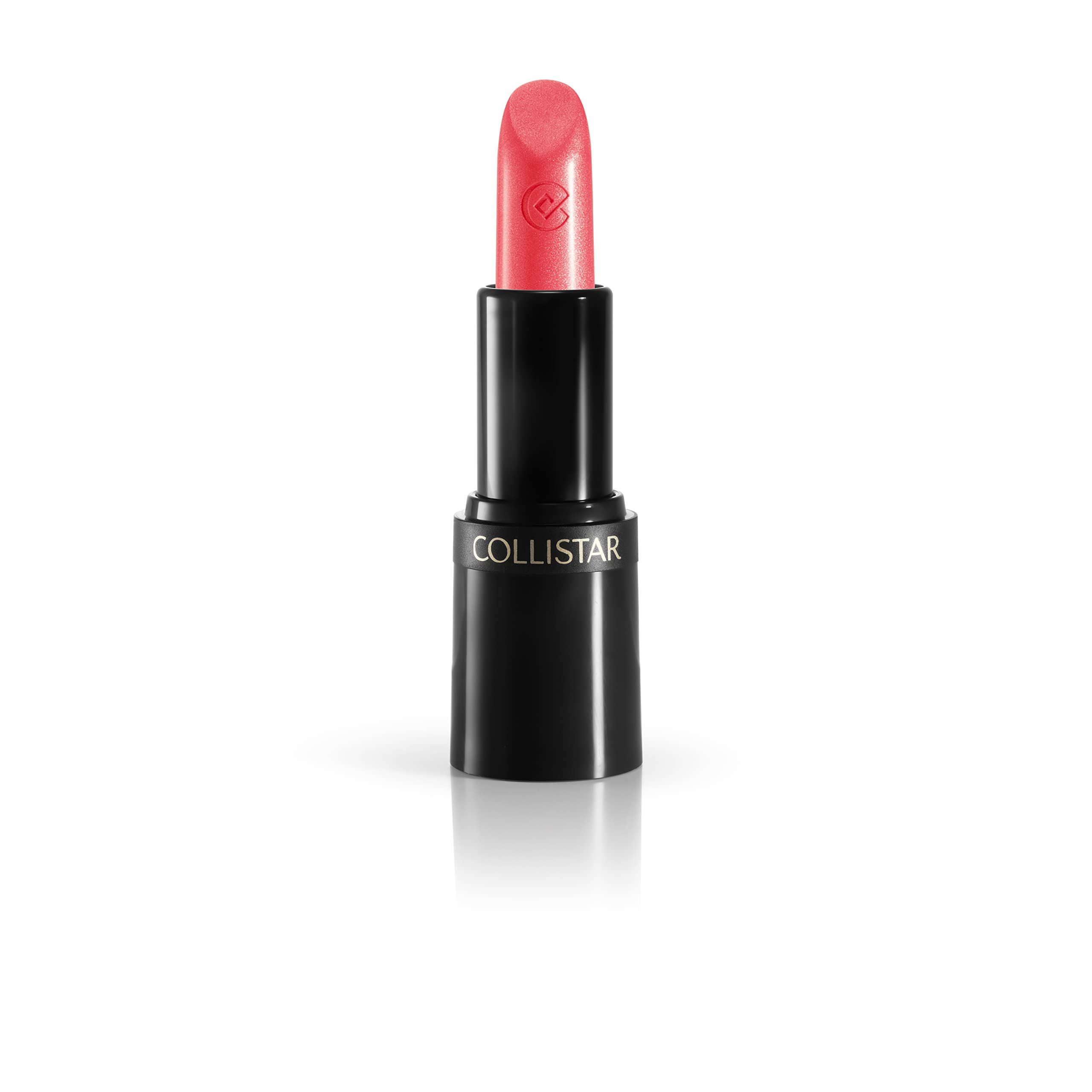 Lippenstift mit rosa Spitze und schwarzem Gehäuse. Marke COLLISTAR. Auf weißem Hintergrund.