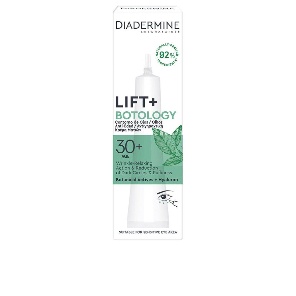 Diadermine Lift + Botology Eye Contour. Tube mit weißem Hintergrund. Text: 30+ AGE, Wrinkle-Relaxing Action & Reduction of dark circles & puffiness.