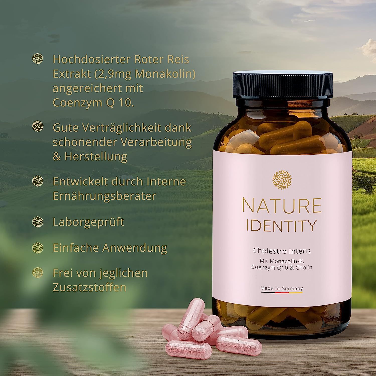 Glasflasche mit Kapseln und Text. "NATURE IDENTITY Cholestro Intens". Pinkfarbene Kapseln liegen daneben.