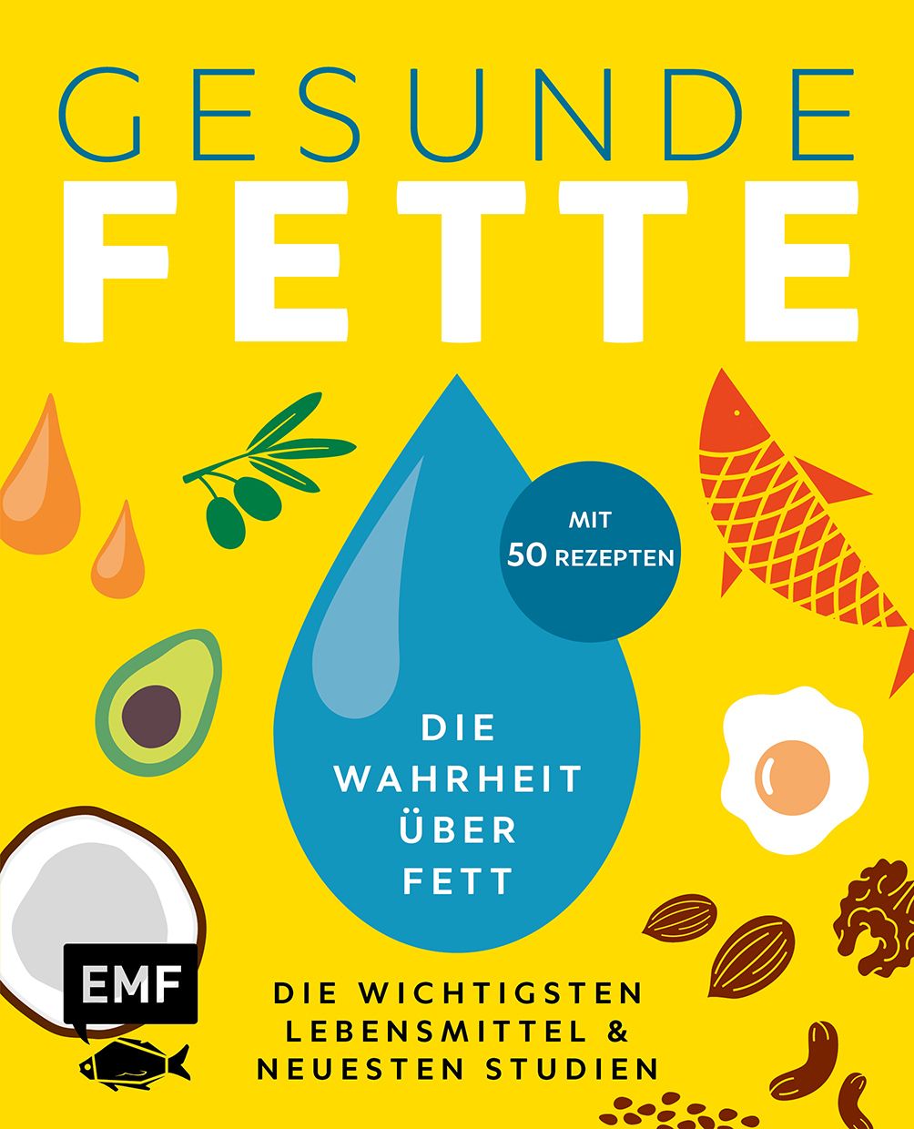 Buchcover mit Titel GESUNDE FETTE. Illustrationen von Lebensmitteln wie Avocado, Fisch, Nüssen und Olivenzweig auf gelbem Hintergrund.