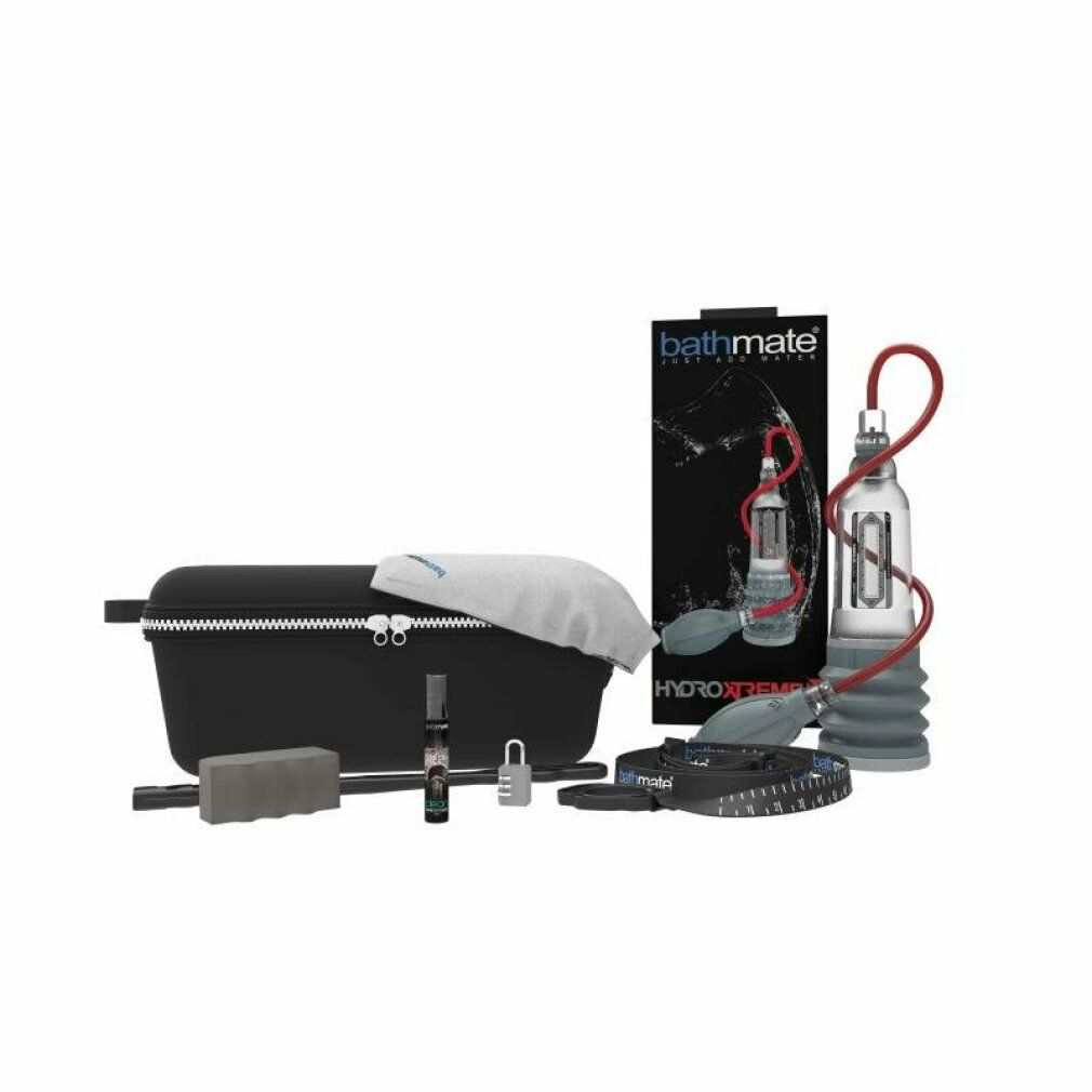 Produkt-Set. Schwarze Tasche, Zylinder mit rotem Schlauch, graue Pumpe, Zubehör: Bürste, Reiniger, Messband, etc.