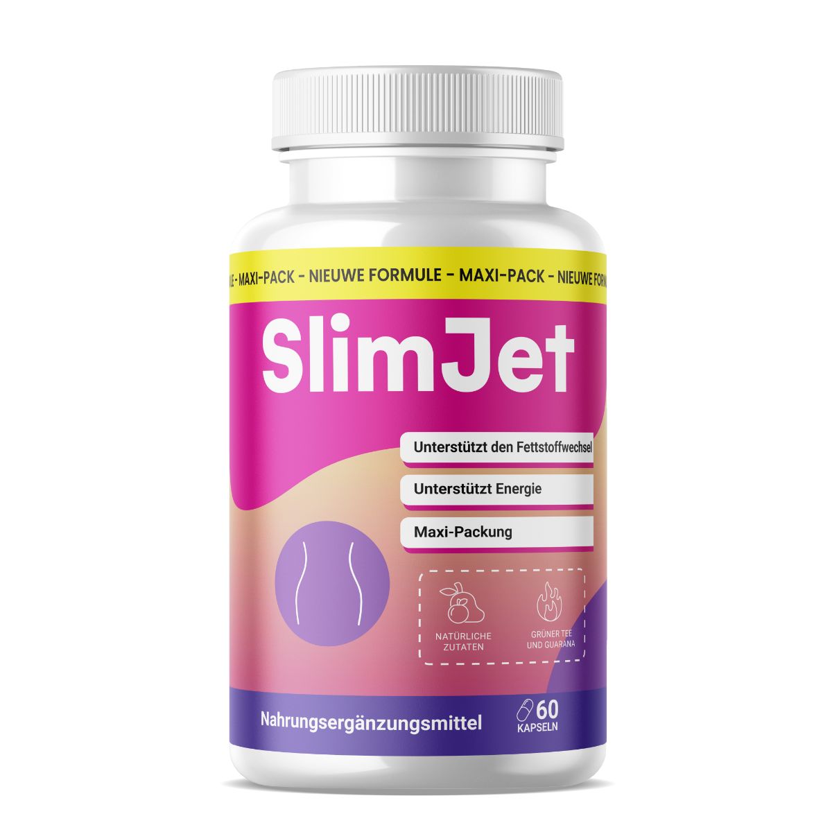 Weißes Pillenbehälter mit rosa Etikett. Aufschrift SlimJet, unterstützt den Fettstoffwechsel, Energie und Maxi-Packung. 60 Kapseln.