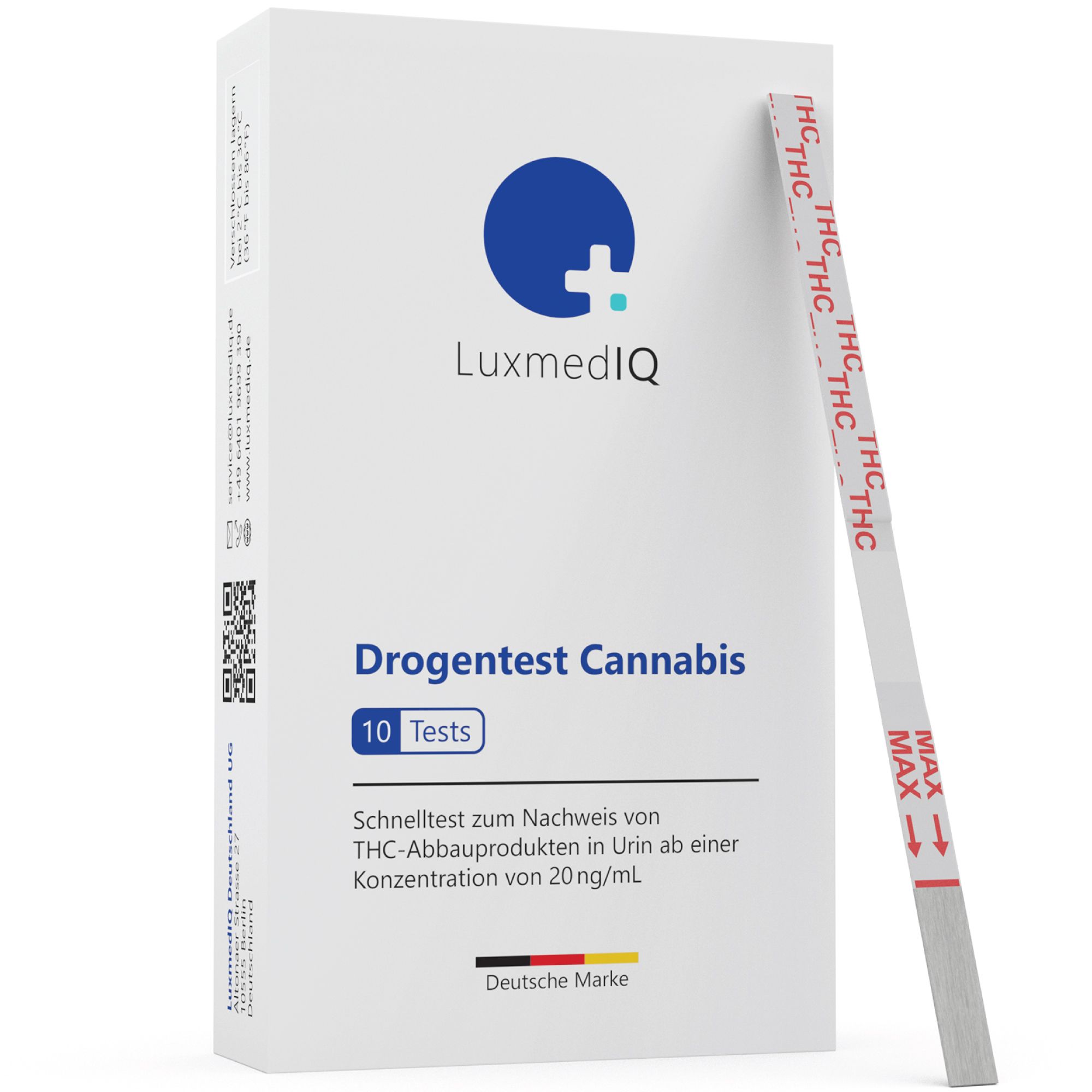 Verpackung mit LuxmedIQ Drogentest Cannabis, 10 Tests. Ein Teststreifen liegt daneben.