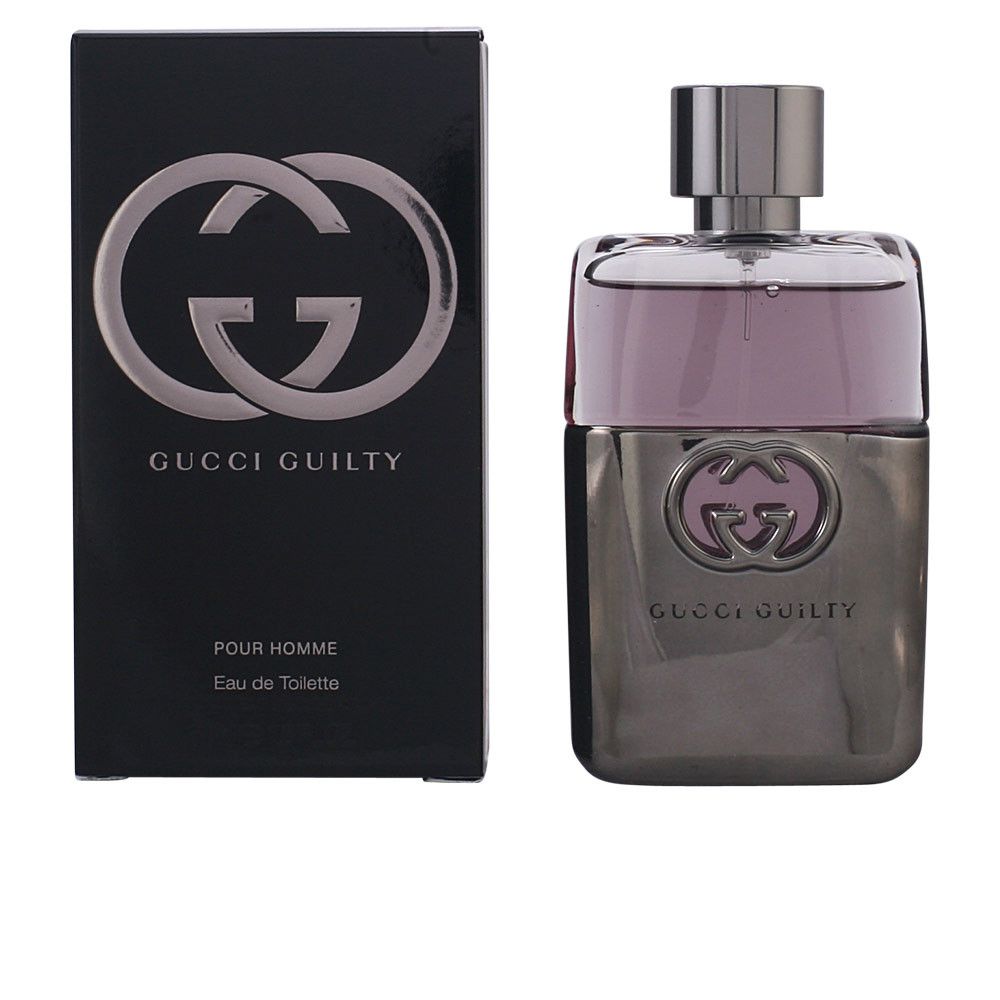 GUCCI Guilty Homme Eau de Toilette. Flakon und Verpackung. Schwarze Verpackung mit Logo. Grauer Flakon mit silbernem Verschluss.