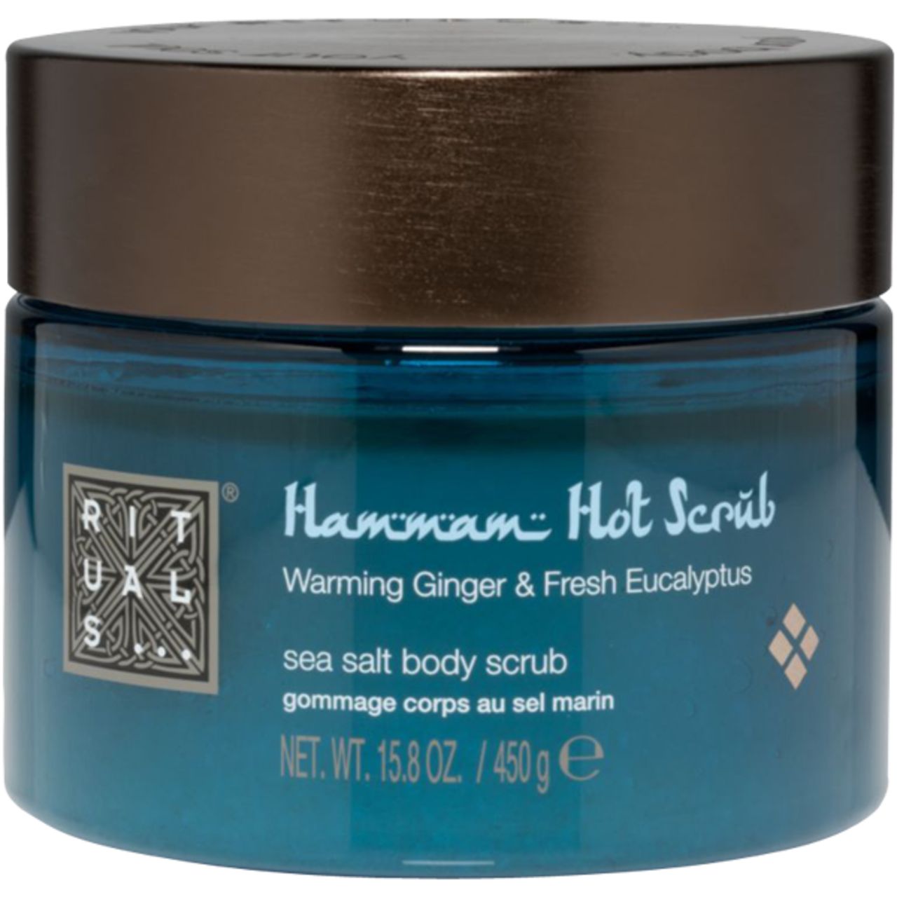 Blaues Glas mit braunem Deckel. Aufschrift: Hammam Hot Scrub, Meersalz-Körperpeeling. Marke: Rituals.