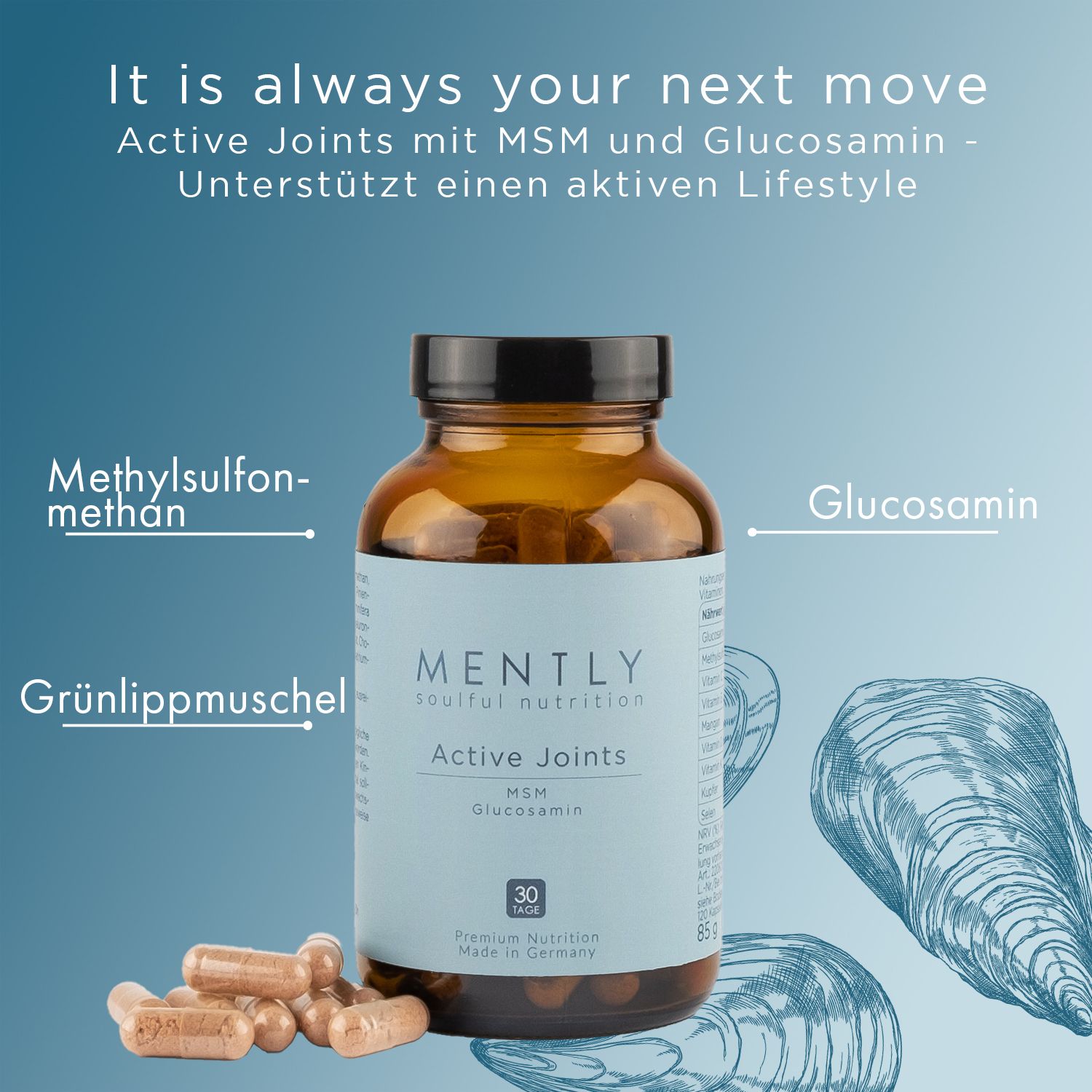 Braune Glasflasche mit Kapseln. Aufschrift: MENTLY Active Joints mit MSM & Glucosamin. Blaue Illustrationen von Muscheln.