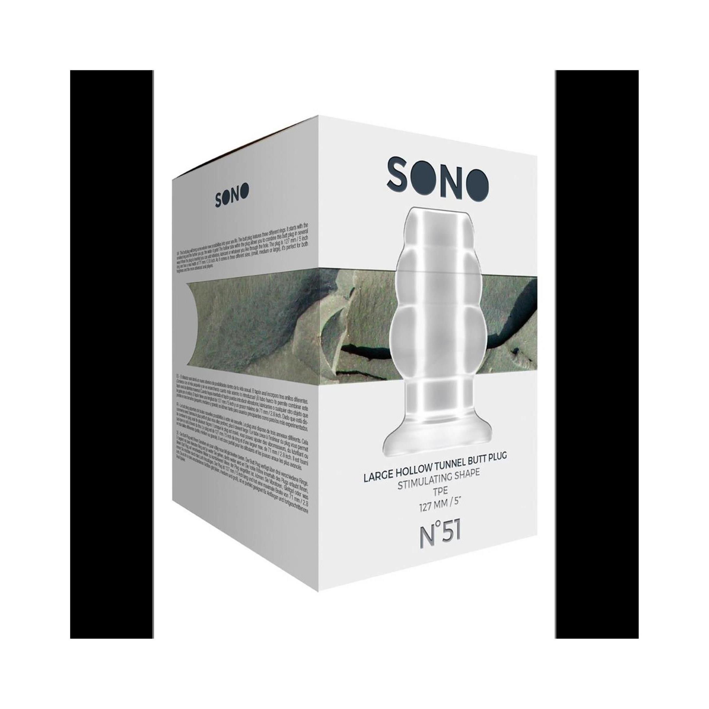 Verpackung mit Produktabbildung. Aufschrift: SONO, LARGE HOLLOW TUNNEL BUTT PLUG, STIMULATING SHAPE, 127 MM / 5", N°51.