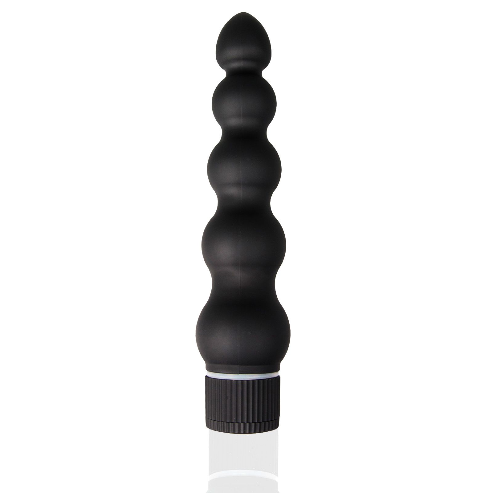 Schwarz Vibrator aus Kunststoff. Zylindrische Form mit mehreren Kugeln und geriffelter Basis. CE-Zeichen.