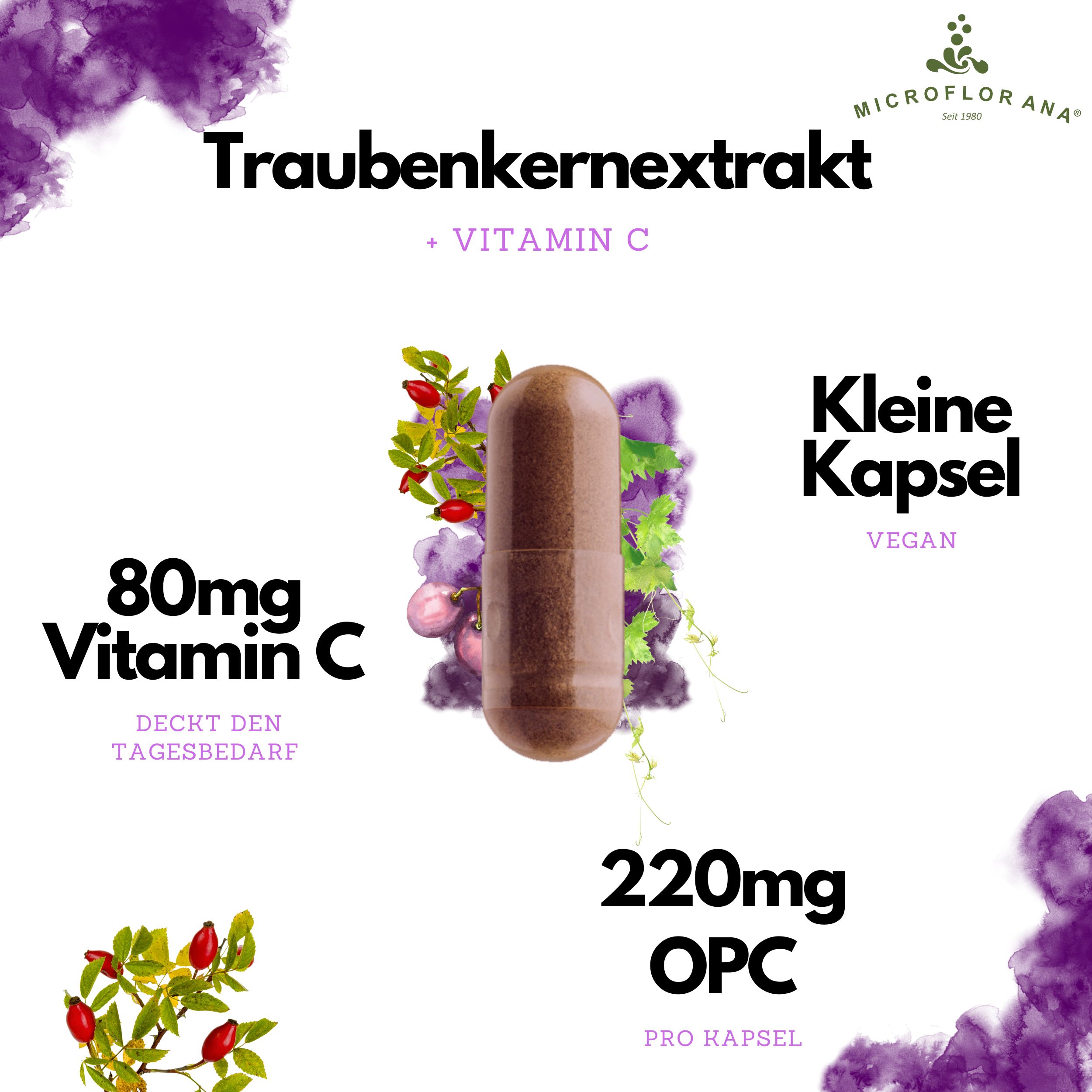 Einzelne Kapsel. Text: 80mg Vitamin C, 220mg OPC pro Kapsel. Logo: MICROFLORANA®.