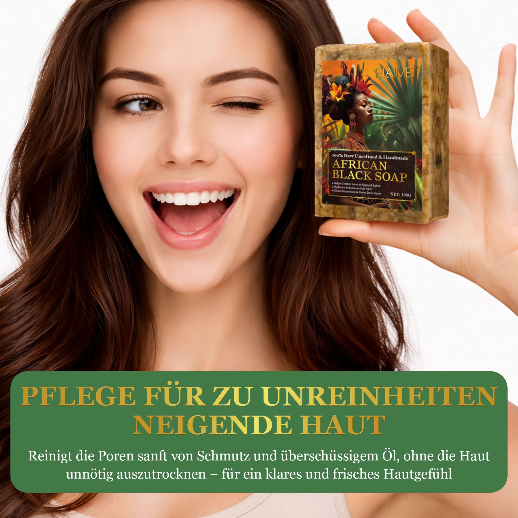 Ein Stück afrikanische schwarze Seife mit einem Etikett, das eine Frau mit Kopfschmuck zeigt.