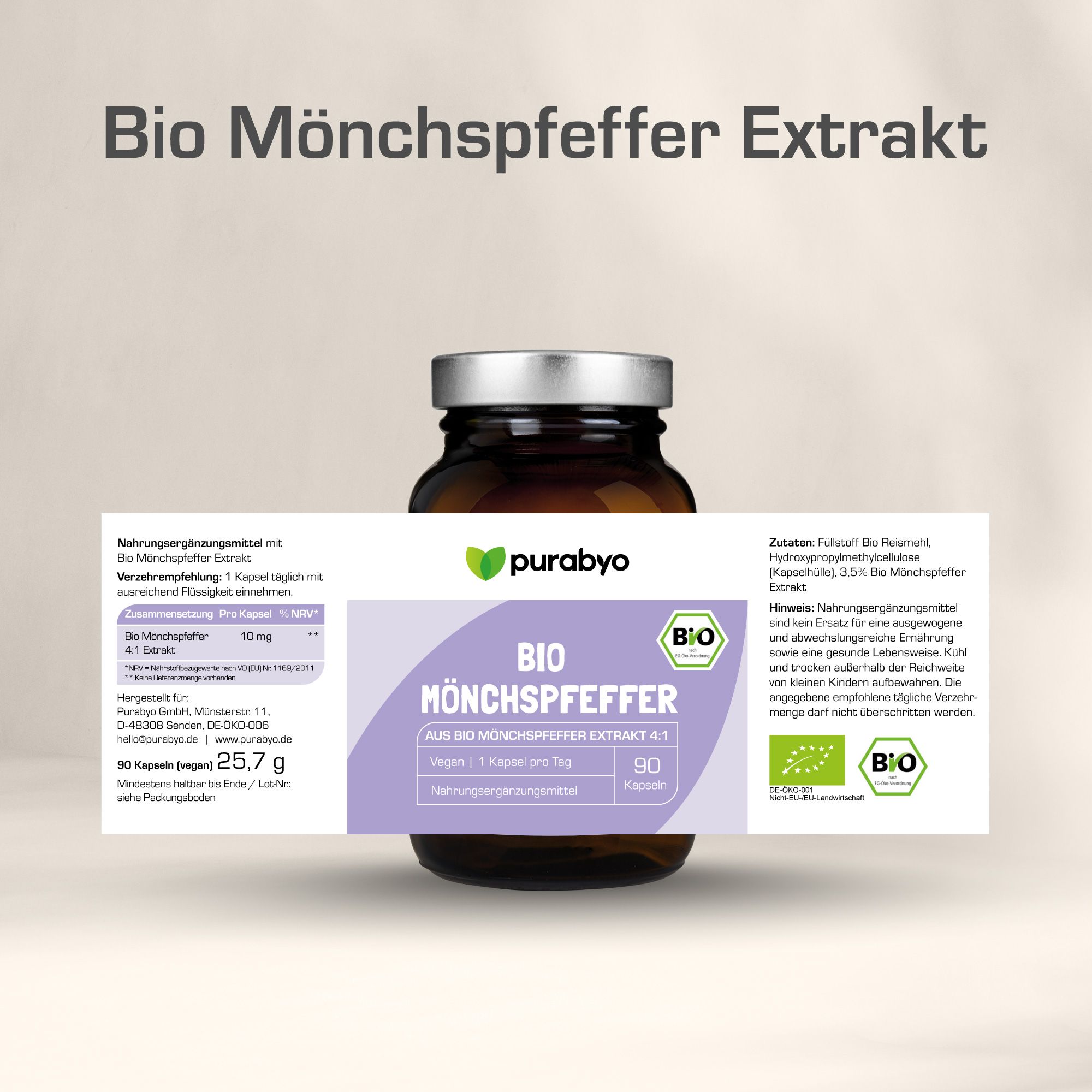 Braunglasflasche mit Produktetikett. Aufschrift: BIO Mönchspfeffer, 90 Kapseln. 25,7 g. Bio-Siegel.