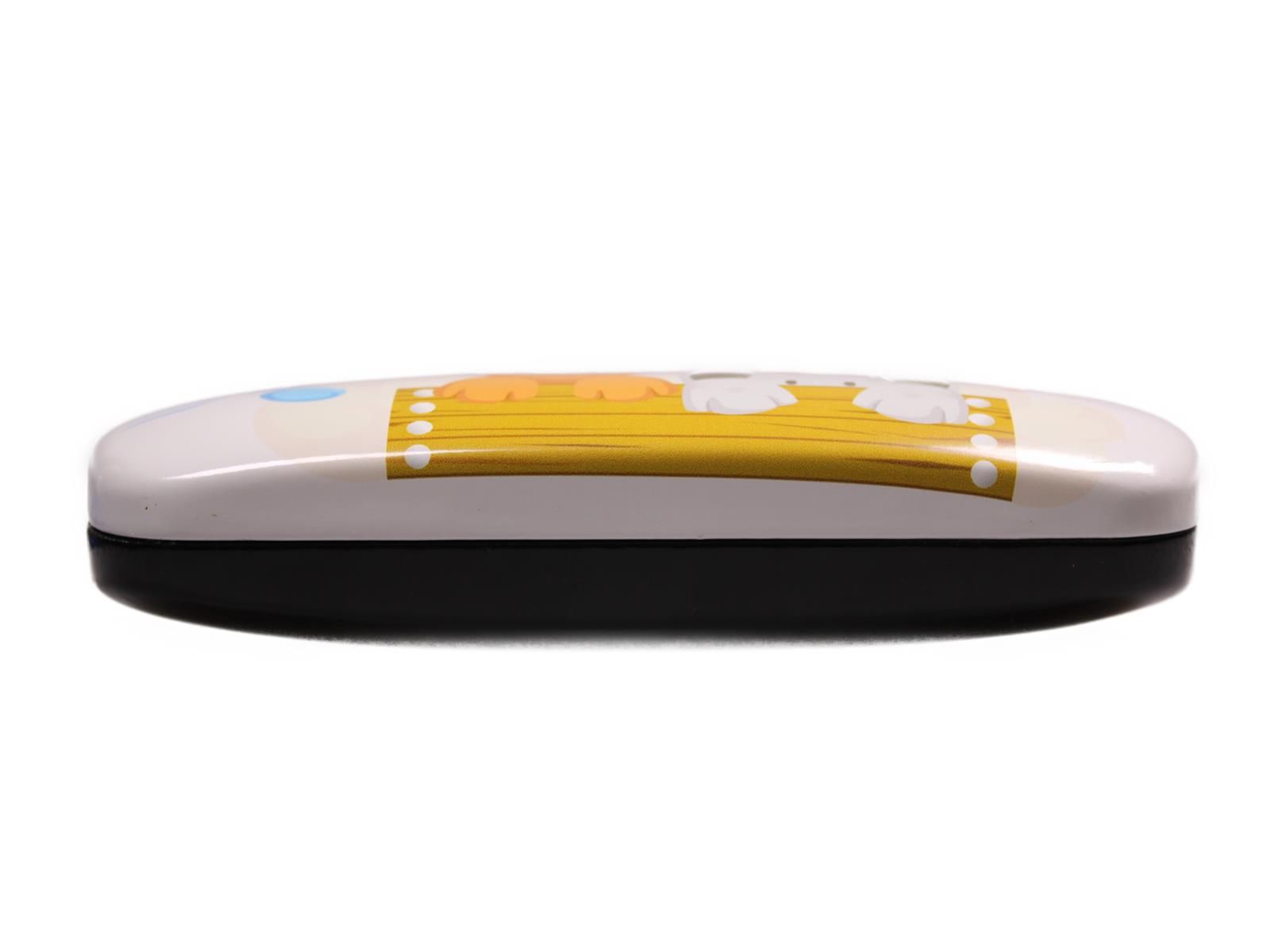 Hartschalen Etui Schwarz/Weiß mit Tiger & Elefant. Seitliche Ansicht. Weißer Deckel mit gelbem Muster, schwarzer Boden.