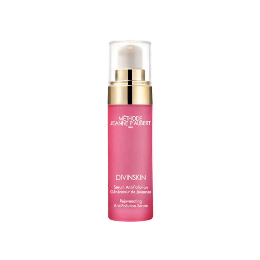 Jeanne-Piaubert Divinskin Serum: Rosa Flasche mit Pumpspender und goldfarbenem Ring.