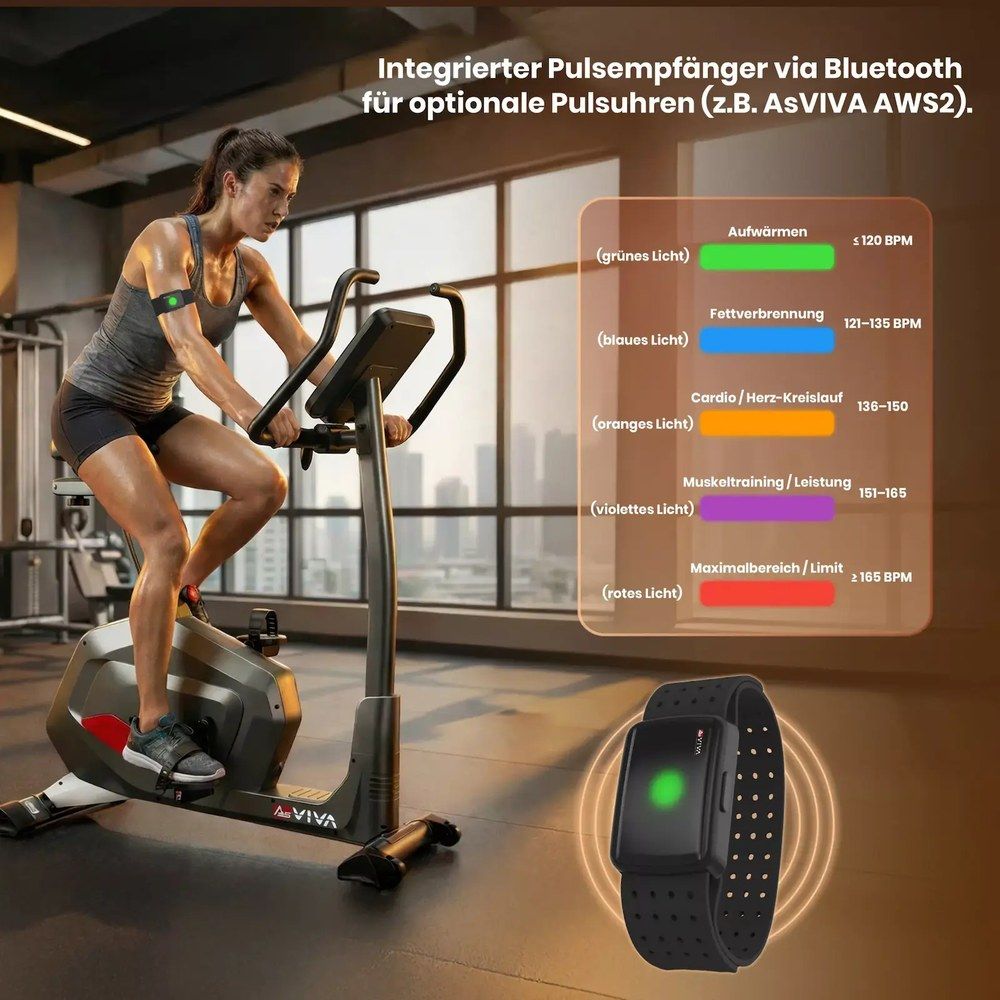 Frau trainiert auf AsVIVA Ergometer Smart Fit H22 mit Pulsuhr.
