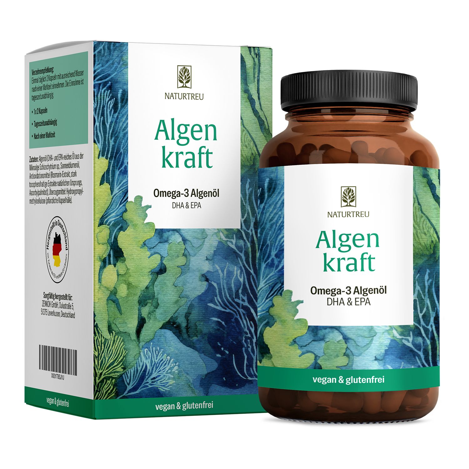 NATURTREU Algenkraft Omega-3 Algenöl Kapseln mit DHA & EPA, vegan & glutenfrei.