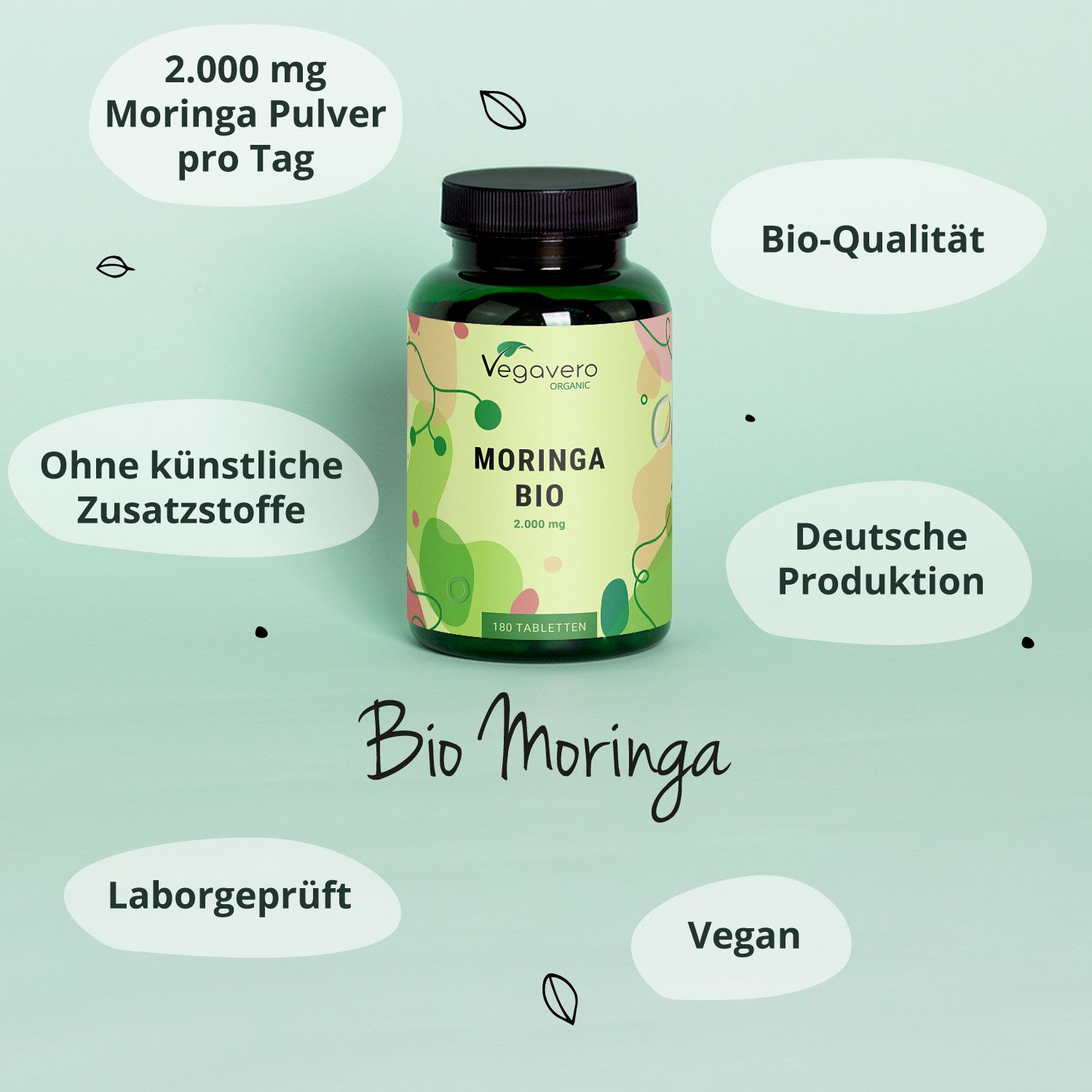 Grüne Flasche Moringa BIO Tabletten. Vegavaro. Text: Bio Moringa, 2.000 mg, Vegan, Laborgeprüft.