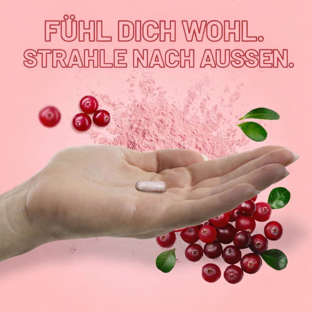 Hand mit einer Kapsel. Rote Cranberrys und Blätter. Rosa Hintergrund. Text: Fühl dich wohl. Strahle nach aussen.
