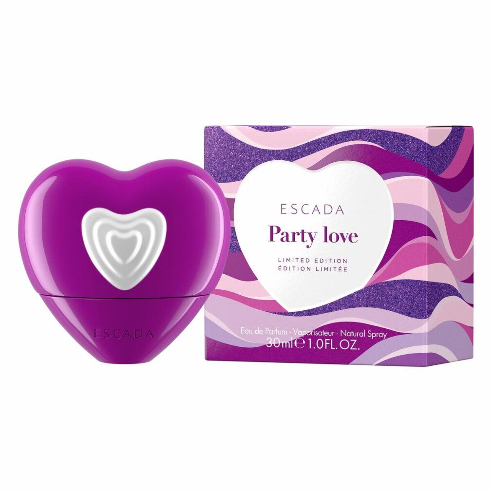 Lila Herzflakon und Schachtel. Auf der Schachtel: ESCADA Party Love, Limited Edition.