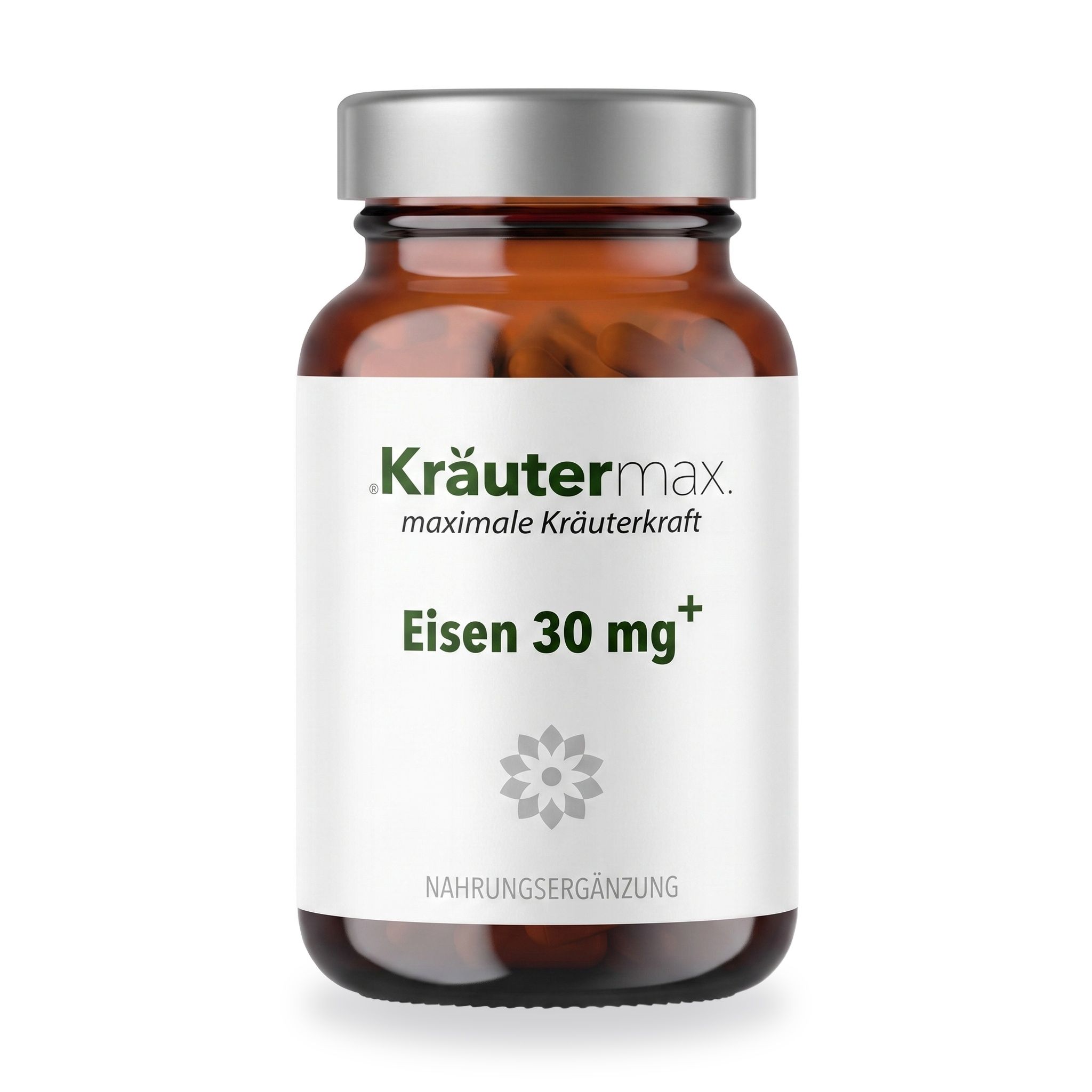 Braune Glasflasche mit silbernem Deckel, gefüllt mit Kräutermax Eisen 30 mg Kapseln.