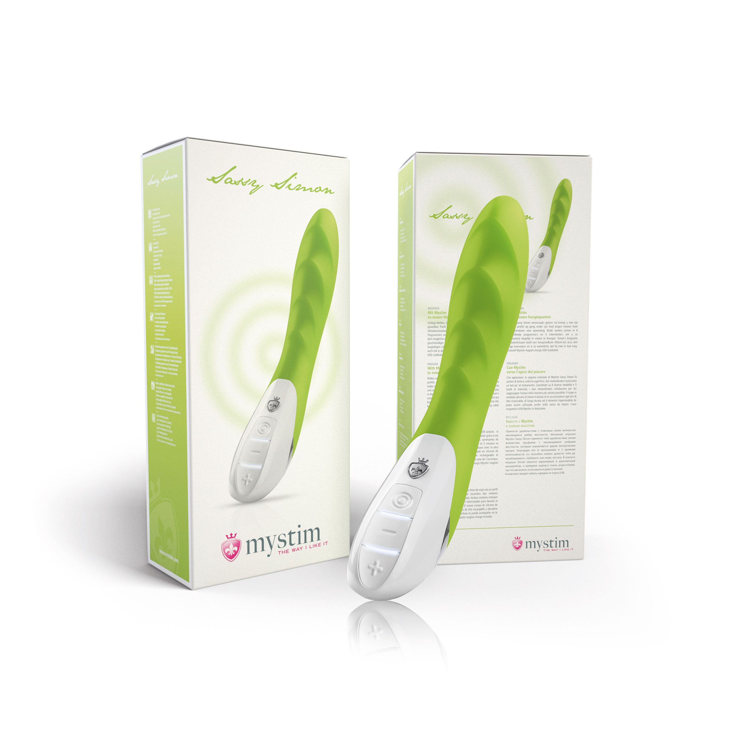 Zwei Verpackungen des grünen Vibrators. Produktname und Logo.