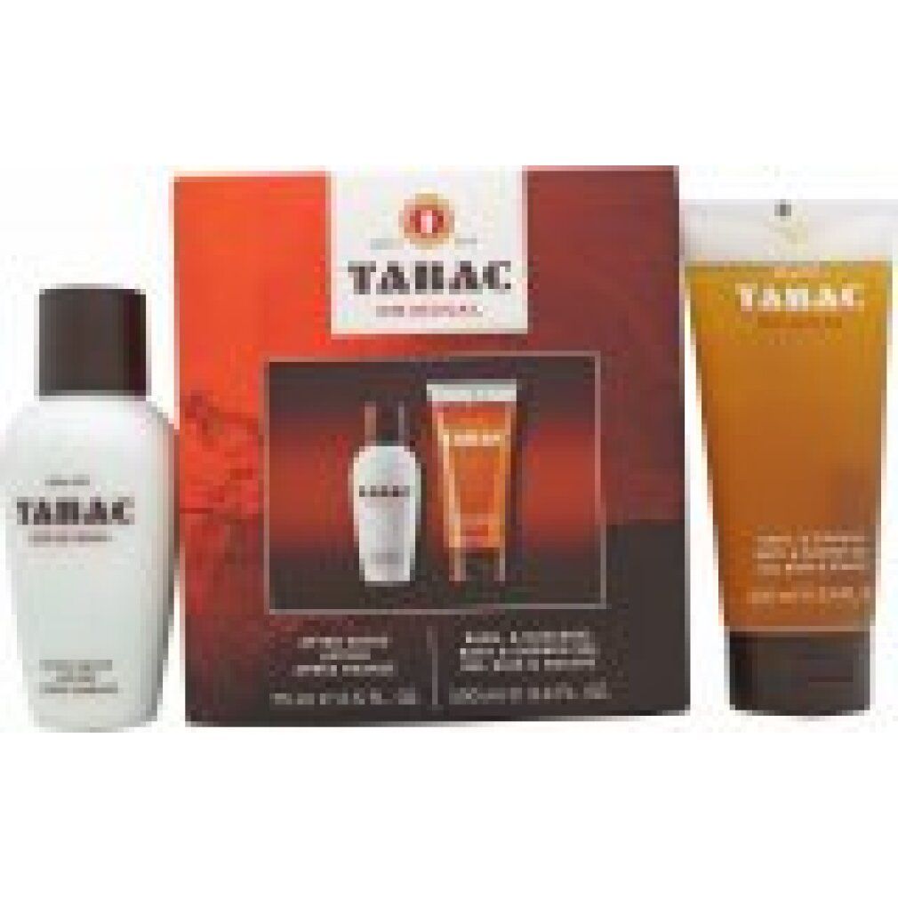 Geschenkset mit After Shave, Duschgel und Geschenkbox. Tabac Original Logo. Weißes After Shave, braunes Duschgel.