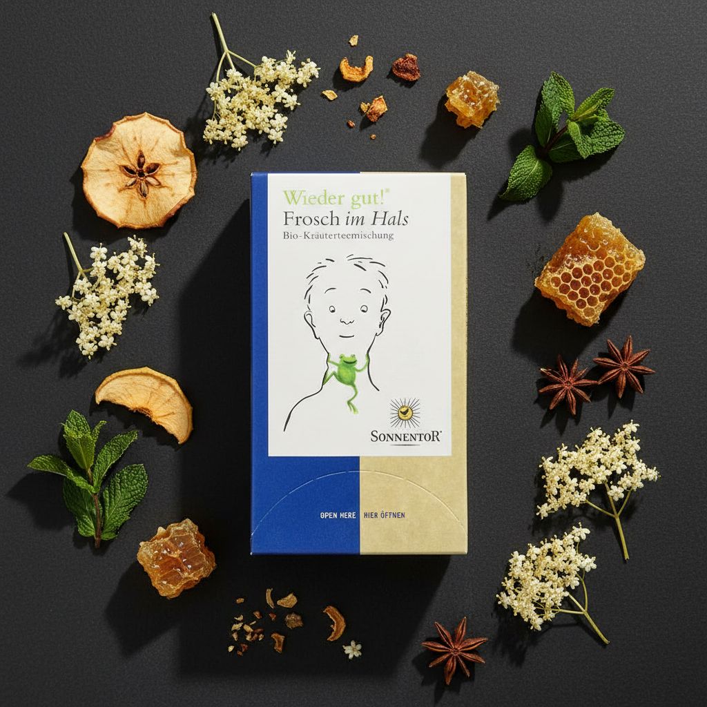 SonnentoR® Frosch im Hals® Tee-Verpackung, Nahaufnahme der Vorderseite.