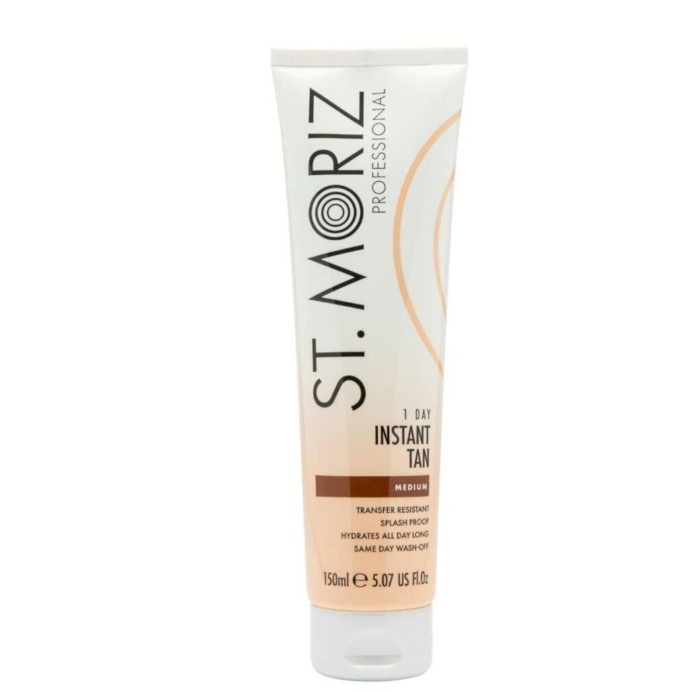 Tube mit St. Moriz Professional 1 Day Instant Tan Medium. Weiß-braune Farbverlauf, Produktnamen und -details.