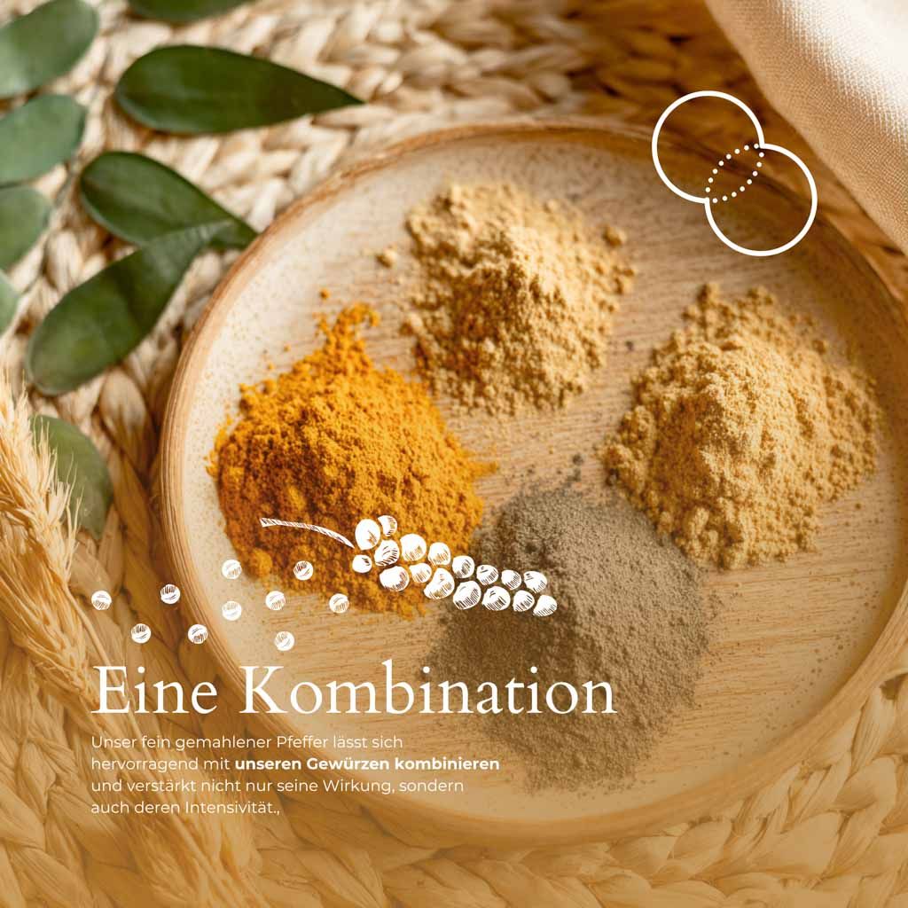 Verschiedene Gewürze auf einem Holztablett. Text: Eine Kombination. MrCOLOMBO Logo. Pfeffer, Kurkuma, Ingwer, weitere Gewürze.