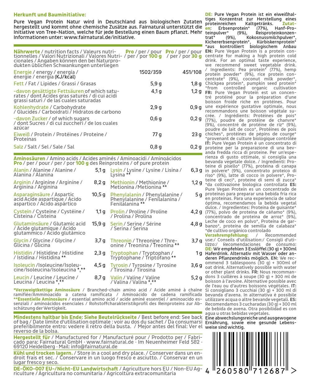 Nährwertangaben und Aminosäurenprofil von FAIRNATURAL Bio Vegan Protein Pulver.