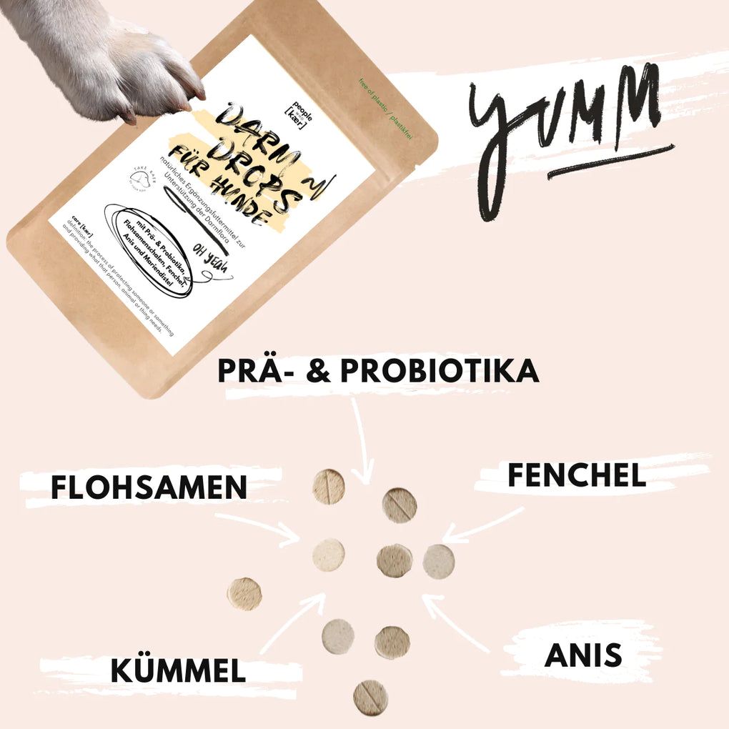 Darm Drops für Hunde-Beutel mit Tabletten und Zutaten. Prä- & Probiotika, Fenchel, Anis, Kümmel, Flohsamen.