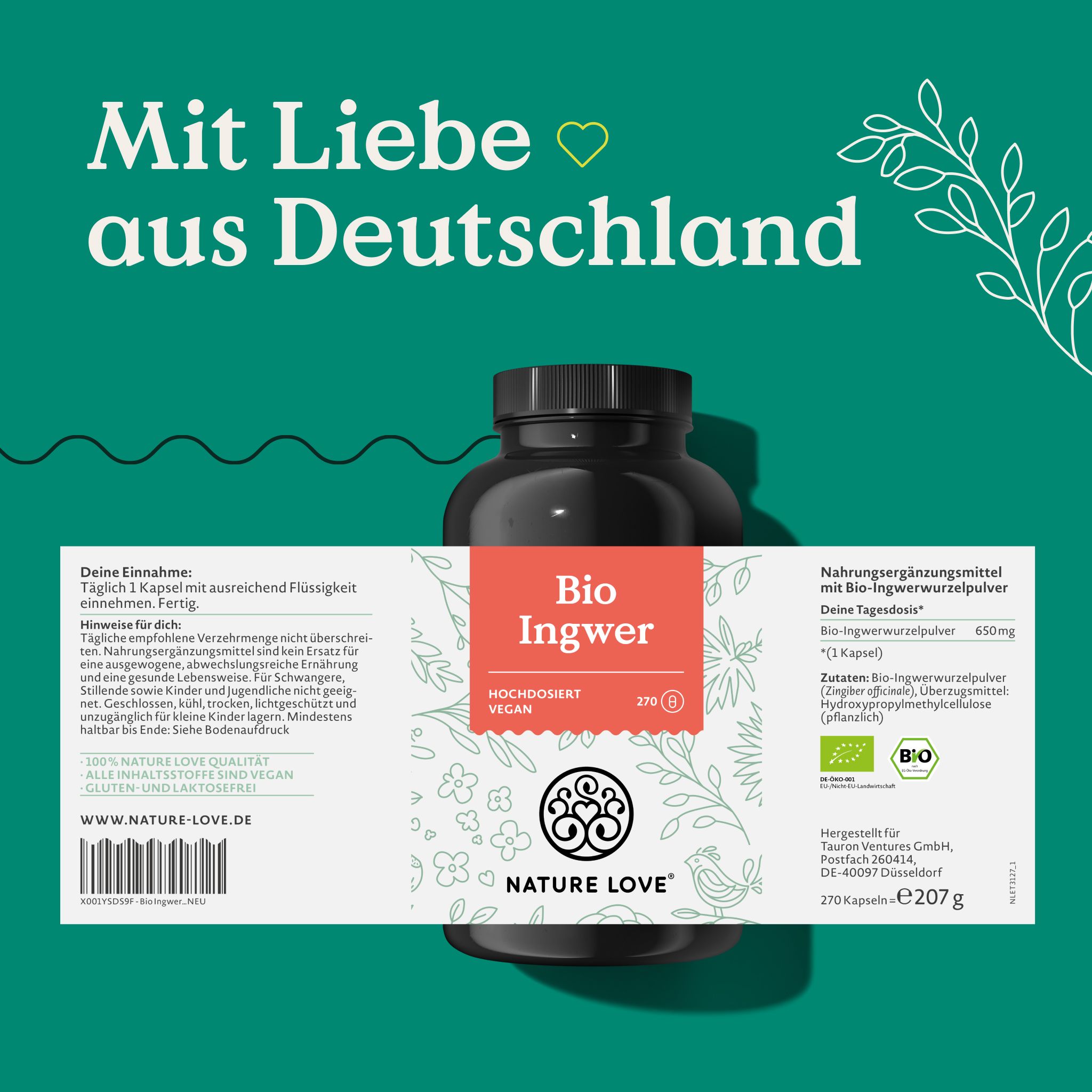 Produktflasche mit Etikett. Text: Bio Ingwer, vegan, 270 Kapseln. Aufschrift: Mit Liebe aus Deutschland. Text und Inhaltsstoffe.